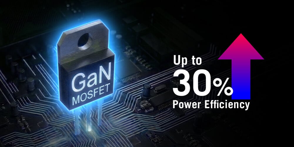 Компонент MOSFET на основі GaN, що світиться синім контуром на друкованій платі, поруч із яким зображено стрілку, спрямовану вгору, та напис «Up to 30% Power Efficiency», що підкреслює підвищену енергоефективність.