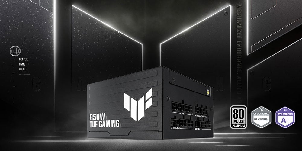 Блок живлення TUF Gaming Platinum на стильному темному тлі з підсвіченими краями.