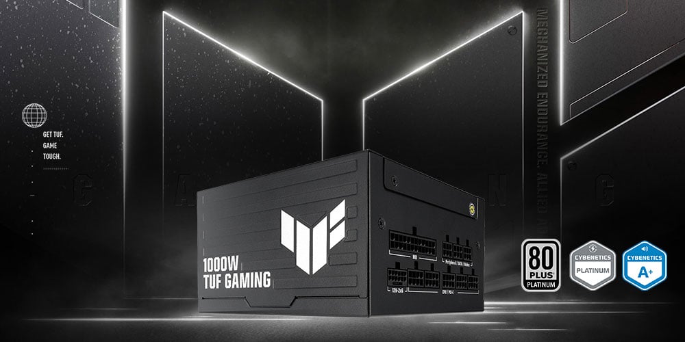 Блок живлення TUF Gaming Platinum на стильному темному тлі з підсвіченими краями.